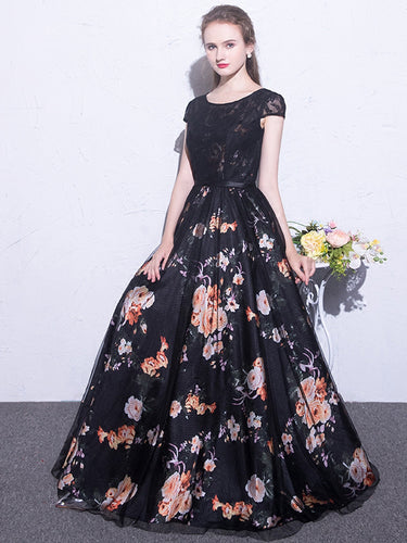 Black Prom Dresses Scoop A-line Floral Print Sexy Long Lace Prom Dress JKL844|Annapromdress