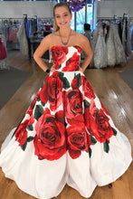 Beautiful Prom Dresses Aline Strapless Rose Floral Print Long Prom Dress JKL854|Annapromdress