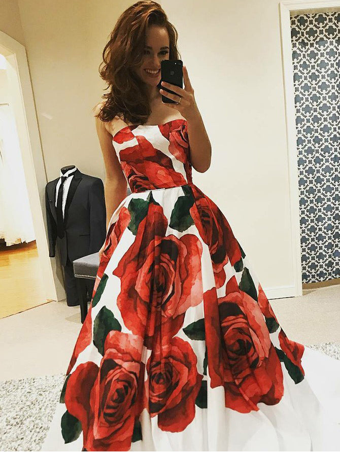 Beautiful Prom Dresses Aline Strapless Rose Floral Print Long Prom Dre Anna PromDress Beautiful Prom Dresses Aline Strapless Rose Floral Print Long Prom Dre Anna PromDress