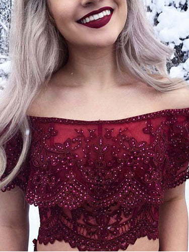 Two Piece Prom Dresses Mermaid Off-the-shoulder Lace Burgundy Prom Dress JKL857|Annapromdress