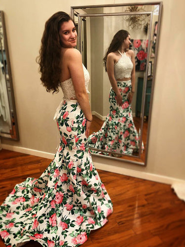 Two Piece Prom Dresses Halter Sweep Train Floral Print Lace Prom Dress JKL864|Annapromdress