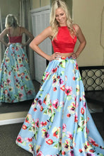 Two Piece Prom Dresses Bateau Floral Print Red Prom Dress Long Evening Dress JKL869|Annapromdress