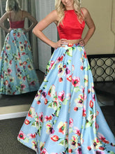Two Piece Prom Dresses Bateau Floral Print Red Prom Dress Long Evening Dress JKL869|Annapromdress