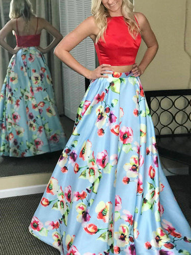 Two Piece Prom Dresses Bateau Floral Print Red Prom Dress Long Evening Dress JKL869|Annapromdress