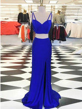 Two Piece Prom Dresses Spaghetti Straps Royal Blue Long Slit Cheap Prom Dress JKL870|Annapromdress