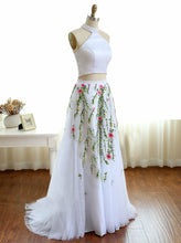 Two Piece Prom Dresses Aline High Neck Lace Embroidery White Long Prom Dress JKL872|Annapromdress