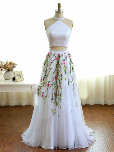 Two Piece Prom Dresses Aline High Neck Lace Embroidery White Long Prom Dress JKL872|Annapromdress