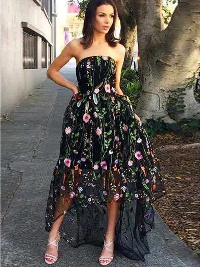 Black Prom Dresses A Line Strapless Lace High Low Long Prom Dress JKL8 Anna PromDress Black Prom Dresses A Line Strapless Lace High Low Long Prom Dress JKL8 Anna PromDress