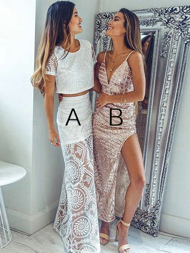 Two Piece Prom Dresses A-line Scoop Lace Long Chic Prom Dress JKL877|Annapromdress