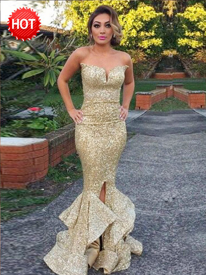 upscale prom dresses Luxury Prom Dresses Trumpet Mermaid Gold Sequins Slit Long Prom Dress – Anna PromDress