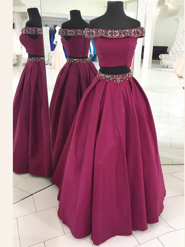 Two Piece Prom Dresses Off-the-shoulder A-line Long Sparkly Prom Dress JKL881|Annapromdress