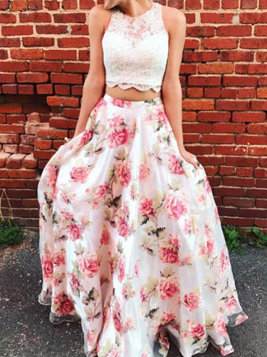 Two Piece Prom Dresses Scoop Floral Print Floor-length Lace Prom Dress JKL882|Annapromdress