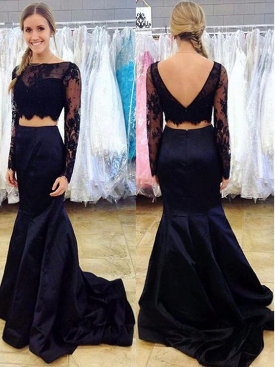 Two Piece Prom Dresses Long Sleeves Sweep Train Black Lace Prom Dress Anna PromDress Two Piece Prom Dresses Long Sleeves Sweep Train Black Lace Prom Dress Anna PromDress