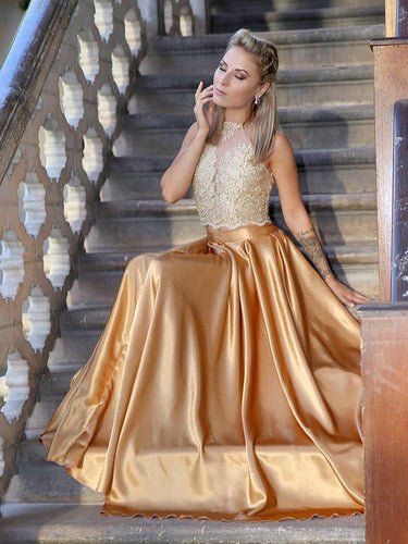 Two Piece Prom Dresses Halter Gold Aline Appliques Long Prom Dress JKL884|Annapromdress