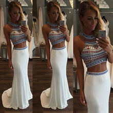Two Piece Prom Dresses Halter Jersey Rhinestone Long Prom Dress JKL888|Annapromdress