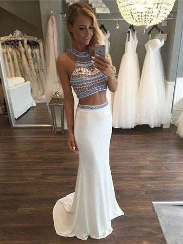 Two Piece Prom Dresses Halter Jersey Rhinestone Long Prom Dress JKL888|Annapromdress