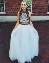 Two Piece Prom Dresses Aline High Neck Embroidery White Long Prom Dress JKL890|Annapromdress