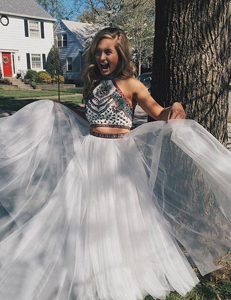 Two Piece Prom Dresses Aline High Neck Embroidery White Long Prom Dres Anna PromDress Two Piece Prom Dresses Aline High Neck Embroidery White Long Prom Dres Anna PromDress