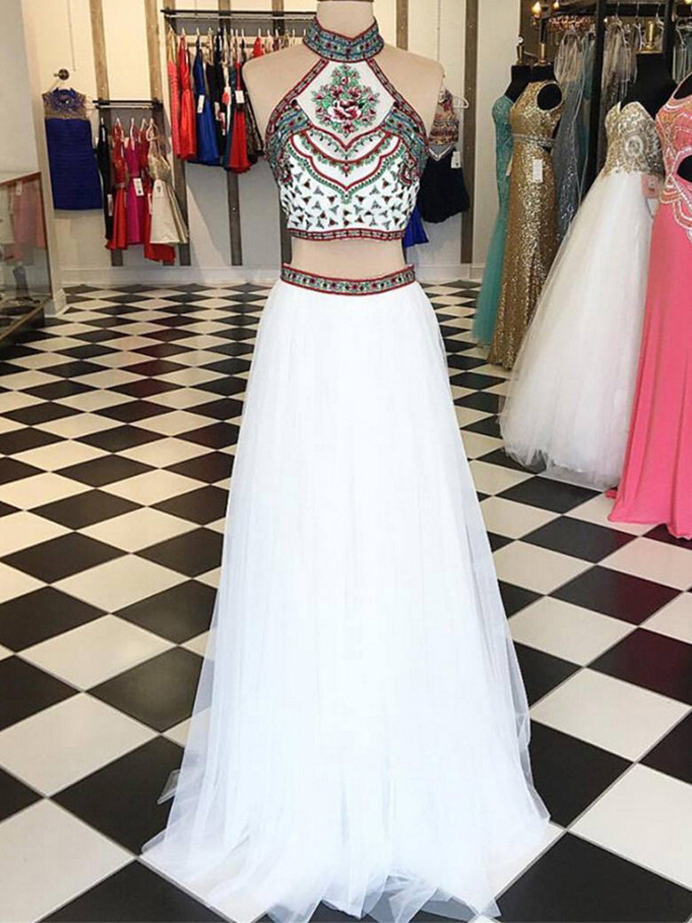 Two Piece Prom Dresses Aline High Neck Embroidery White Long Prom