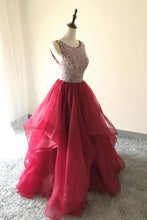 Burgundy Prom Dresses A Line Scoop Beading Organza Long Prom Dress JKL893|Annapromdress