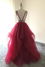 Burgundy Prom Dresses A Line Scoop Beading Organza Long Prom Dress JKL893|Annapromdress