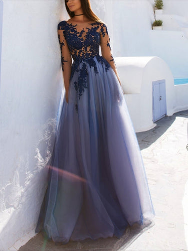 Chic Prom Dresses Bateau Long Sleeve Floor-length Appliques Long Prom Dress JKL900|Annapromdress