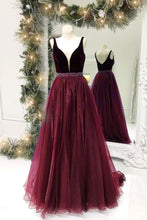 Burgundy Prom Dresses Straps V-neck Organza Long Slit Prom Dress JKL901|Annapromdress