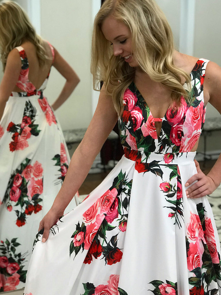 Chic A-Line Strapless Floral Print Satin Long Prom Dresses with Sleeves VK24010301