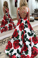 Open Back Prom Dresses A Line Straps Rose Floral Print Long Prom Dress JKL910|Annapromdress