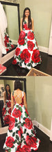 Open Back Prom Dresses A Line Straps Rose Floral Print Long Prom Dress JKL910|Annapromdress