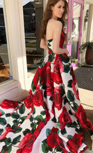 Chic Prom Dresses A Line Rose Floral Print Sweep Train Long Prom Dress JKL911|Annapromdress