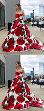 Chic Prom Dresses A Line Rose Floral Print Sweep Train Long Prom Dress JKL911|Annapromdress