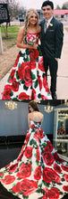 Chic Prom Dresses A Line Rose Floral Print Sweep Train Long Prom Dress JKL911|Annapromdress