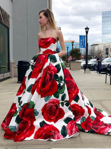 Chic Prom Dresses A Line Rose Floral Print Sweep Train Long Prom Dress JKL911|Annapromdress