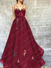 Burgundy Prom Dresses Spaghetti Straps A Line Embroidery Long Prom Dress JKL912|Annapromdress
