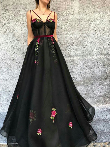 Black Prom Dresses Spaghetti Straps A Line Embroidery Long Prom Dress JKL912|Annapromdress