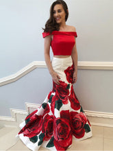 Two Piece Prom Dresses Trumpet Rose Floral Print Long Mermaid Prom Dress JKL914|Annapromdress