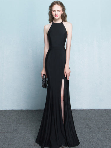 Black Prom Dresses Halter Mermaid Jersey Simple Long Slit Prom Dress JKL919|Annapromdress