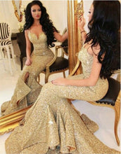 Sparkly Prom Dresses Spaghetti Straps Mermaid Gold Long Prom Dress JKL922|Annapromdress
