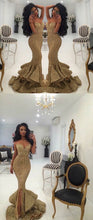 Sparkly Prom Dresses Spaghetti Straps Mermaid Gold Long Prom Dress JKL922|Annapromdress