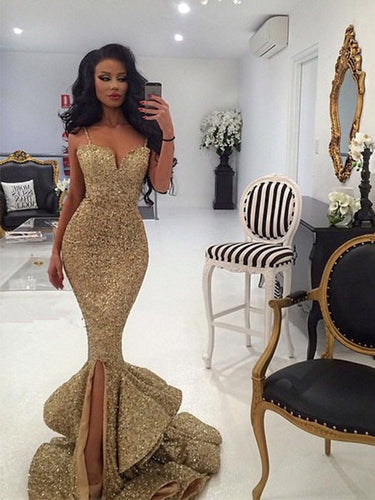 Sparkly Prom Dresses Spaghetti Straps Mermaid Gold Long Prom Dress JKL922|Annapromdress
