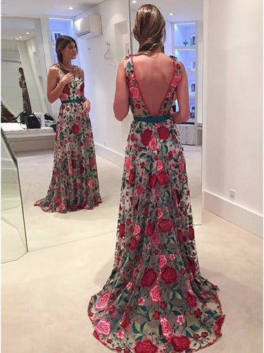 Beautiful Prom Dresses Scoop Aline Rose Floral Embroidery Lace Prom Dress JKL924|Annapromdress