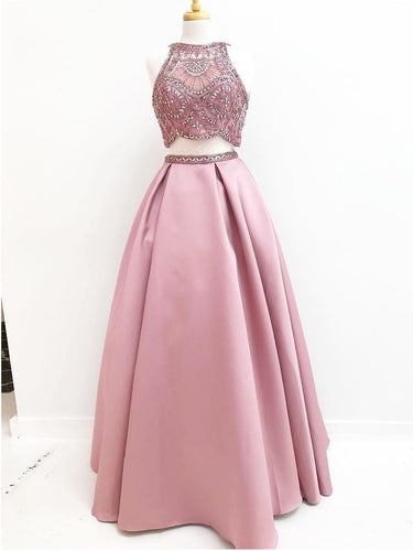 Two Piece Prom Dresses Scoop A-line Sparkly Satin Long Beading Prom Dress JKL925|Annapromdress
