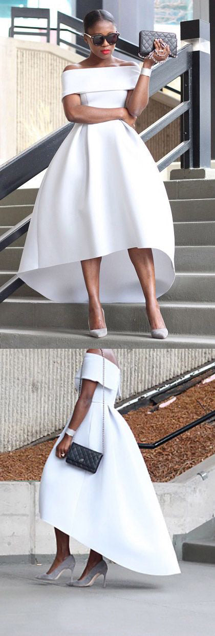 High Low Prom Dresses A-line Off-the-shoulder Long Chic White Prom Dre Anna PromDress High Low Prom Dresses A-line Off-the-shoulder Long Chic White Prom Dre Anna PromDress