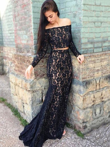 Two Piece Prom Dresses Long Sleeve Mermaid Black Lace Sexy Prom Dress JKL932|Annapromdress