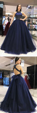 Sparkly Prom Dresses Halter Aline Dark Navy Beading Tulle Long Prom Dress JKL940|Annapromdress