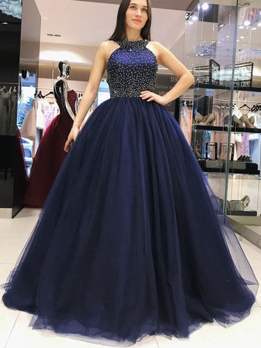 Sparkly Prom Dresses Halter Aline Dark Navy Beading Tulle Long Prom Dress JKL940|Annapromdress