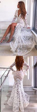 Beautiful Prom Dresses V-neck Mermaid White Lace Slit Long Prom Dress JKL942|Annapromdress
