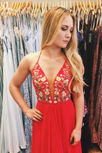 Chic Prom Dresses A Line Criss-cross Straps Embroidery Long Red Prom Dress JKL946|Annapromdress
