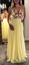 Chic Prom Dresses A Line Criss-cross Straps Embroidery Long Yellow Prom Dress JKL946|Annapromdress